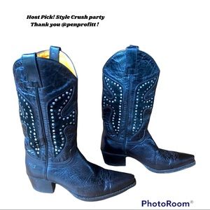 Frye Black Studded Billy Pull-on Classic Western Cowboy Boots Low Heel